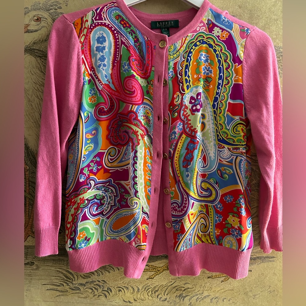 * Lauren Ralph Lauren Silk Sweater Print Front SZ Petite Medium *